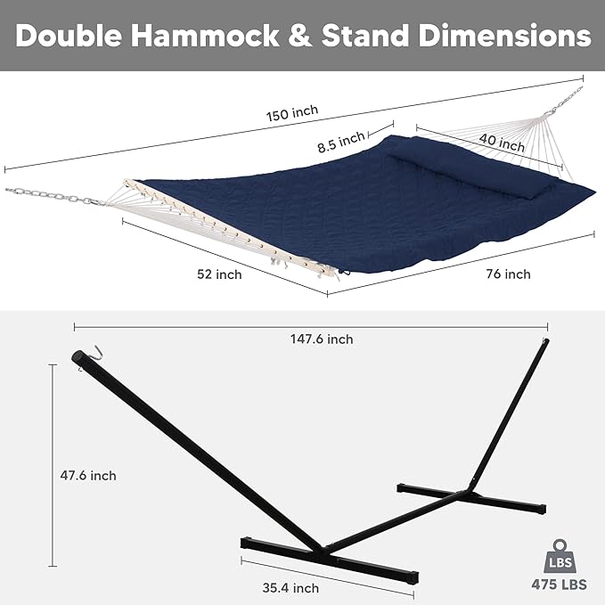 SUNCREAT Two Person Hammock with Stand, Heavy Duty Backyard Hammock and Stand, Navy Drops