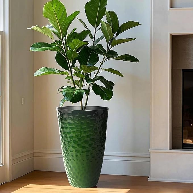 Worth 2 Pack 24" Tall Large Plastic Planter with Drainage Hole, Round Decorative Flower Plant Pit for Indoor or Outdoor Gardening, Glossy Green