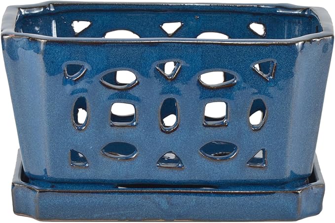 W&W Orchid Pot with Holes and Saucer for Repotting, Blue, 9.7 Inch