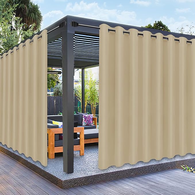 PureFit Outdoor Curtains for Patio Waterproof Weatherproof, UV Resistant Outside Curtains for Gazebo, Front Porch, Pergola, Sun Blocking Privacy Curtain, 150W x 84L inch, 1 Panel, Beige