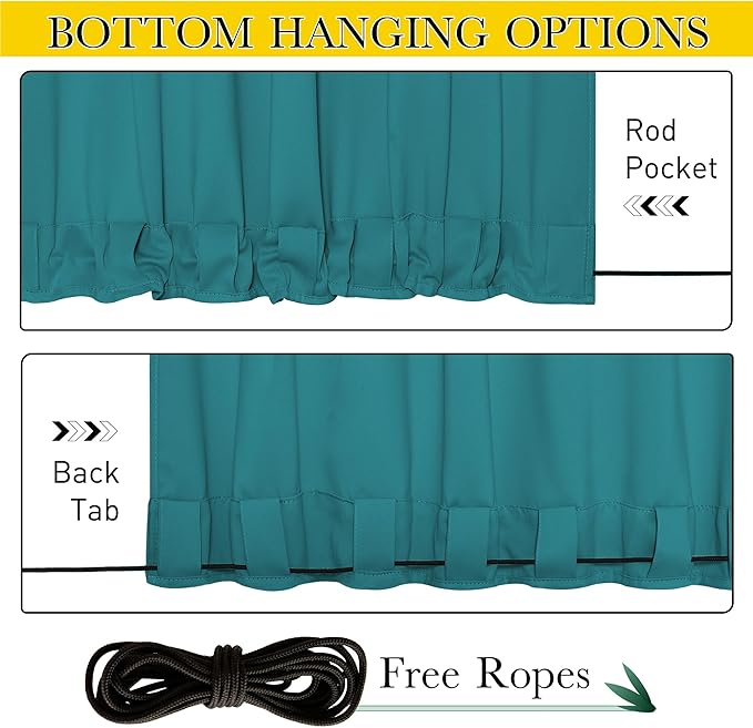 NICETOWN 2 Panels Outdoor Curtains Waterproof Pocket & Back Tab on Top & Bottom, Thermal Insulated Windproof Sun Blocking Outside Privacy Drapes for Patio with Fixed Rope, W52 x L95, Peacock Teal