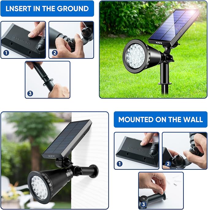 KEV Solar Spot Lights Outdoor,18 LEDs Solar Flood Lights with 8 Modes &Colored Adjustable &IPX65 Waterproof,Christmas Solar Spotlight for Driveway/Backyard/Landscape/Tree/Garage(Multicolor,4 Pack)