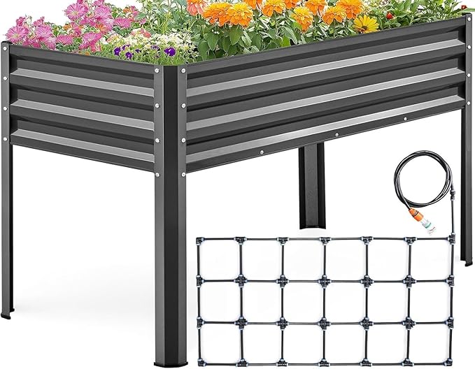 KING BIRD Raised Garden Bed with Irrigation System and Legs Galvanized Elevated Planter Box 48×24×31.5 in for Backyard, Patio, Balcony, 400lb Capacity, Dark Grey