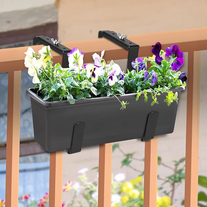 Planter Box Brackets, Adjustable Window Box Brackets for Deck Railing, No Drill Flower Box Bracket for Outdoor Planters-2 Pack