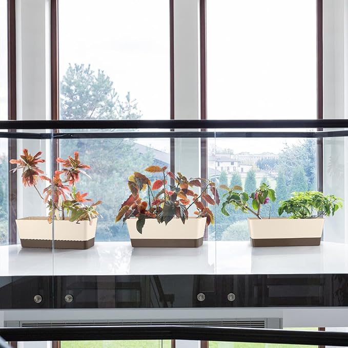 Window Box Planter with Tray, 12" Rectangle Plant Pot, Pack of 3 (Beige)