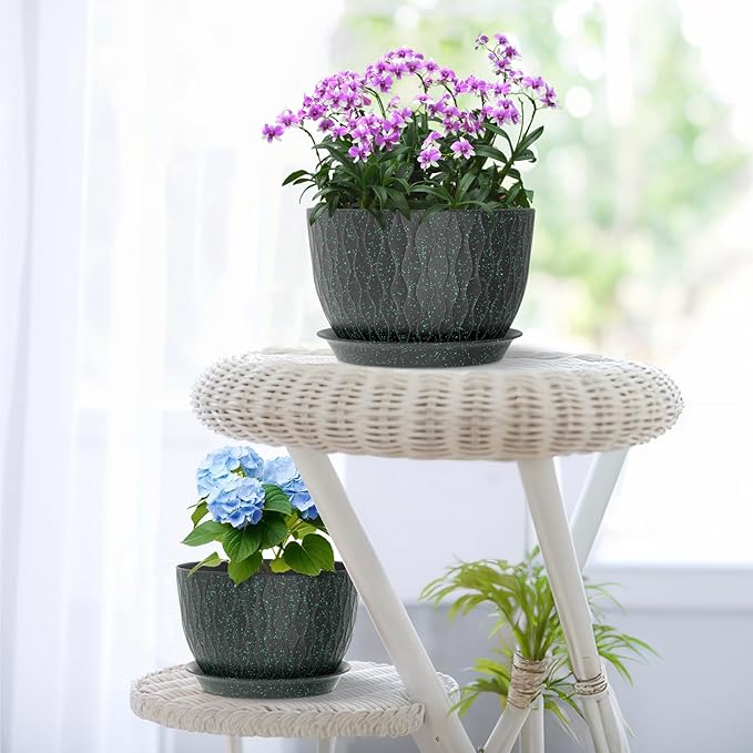 12/10/9 inch Large Plant Pots, 3 Pack Wide Flower Pots for Outdoor Indoor Plants, Water Ripples Plastic Planters with Drainage Holes and Saucers for Garden House, Black with Green Speckles
