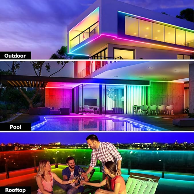 50FT Outdoor LED Strip Light Waterproof,IP68 Outside RGB+IC Light Strip with App/Remote Control,Chase Mode,Music Sync Rope Light for Balcony,Deck,Rooftop,Garden,Pool