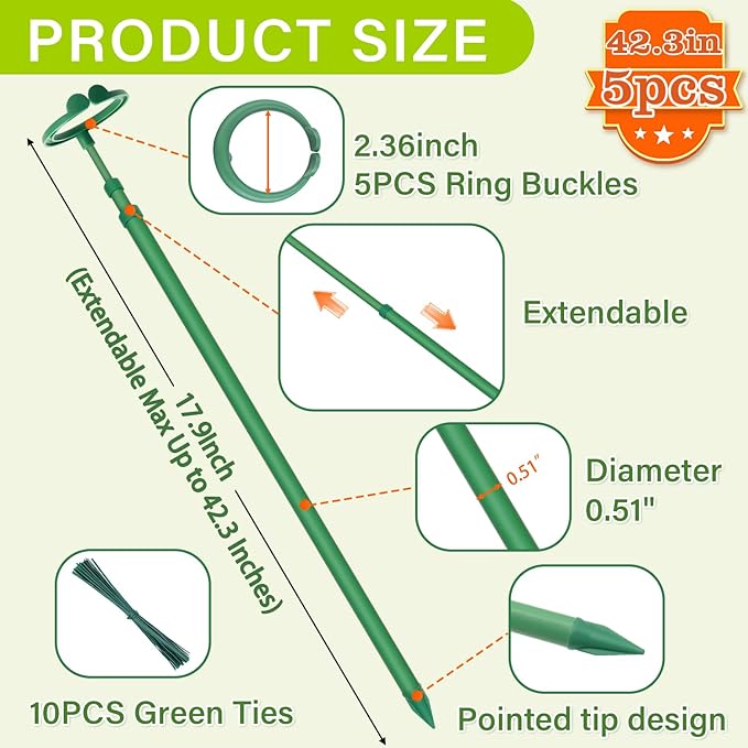Extendable Plant Stakes,Adjustable Length from 17.9IN to 42.3IN Monstera Support Stakes with Clips,Sturdy Plant Stakes for Indoor Outdoor,Garden Sticks for Tomato,Orchid,Climbing Plants- 5Pack