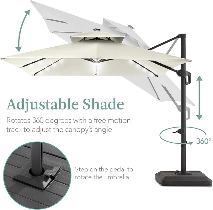 Best Choice Products 10x10ft Cantilever Patio Umbrella w/Base Included, Solar LED Lights 360 Rotation Large Offset Hanging Outdoor Shade for Deck Pool Backyard w/Stand – Ivory