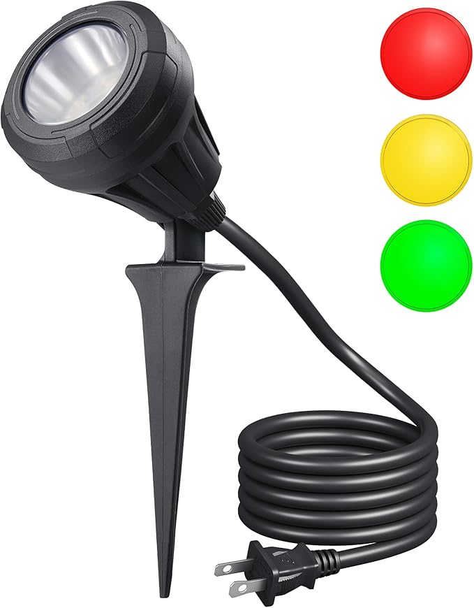 DEWENWILS 120V LED Outdoor Spotlight, 3 Extra Lenses (Red Green Yellow), 5.5W 5000K Plug in Spotlight, Waterproof Landscape Light for Yard, Tree Flag, Holiday, 5FT Extension Cord, UL Listed
