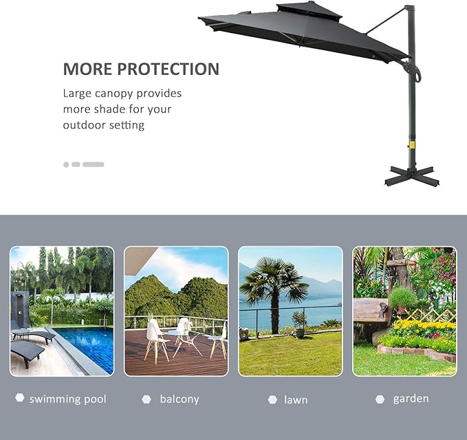 Outsunny 10ft Offset Patio Umbrella, Hanging Cantilever Umbrella, Square Shape, Aluminum Cross Base, Tilt, 360-Degree Rotation