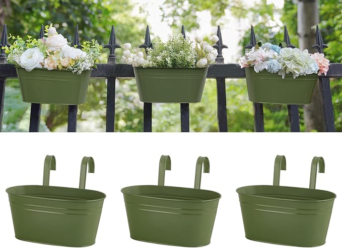 Dahey 10.5 Inch Metal Iron Hanging Flower Pots for Railing Fence Hanging Bucket Pots Countryside Style Outdoor Planter Window Flower Plant Holder with Detachable Hooks Home Decor,Green,3 Pcs