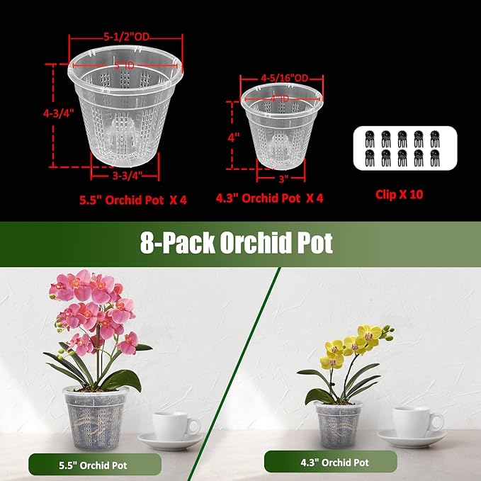 8Pcs Orchid Pot, 4 Each of 4.3",5.5" Orchid Pots with Holes, Orchid Pots for Repotting, Plastic Orchid Planter for Indoor Outdoor Plants (8Pcs, 4 Each of 4.3",5.5")
