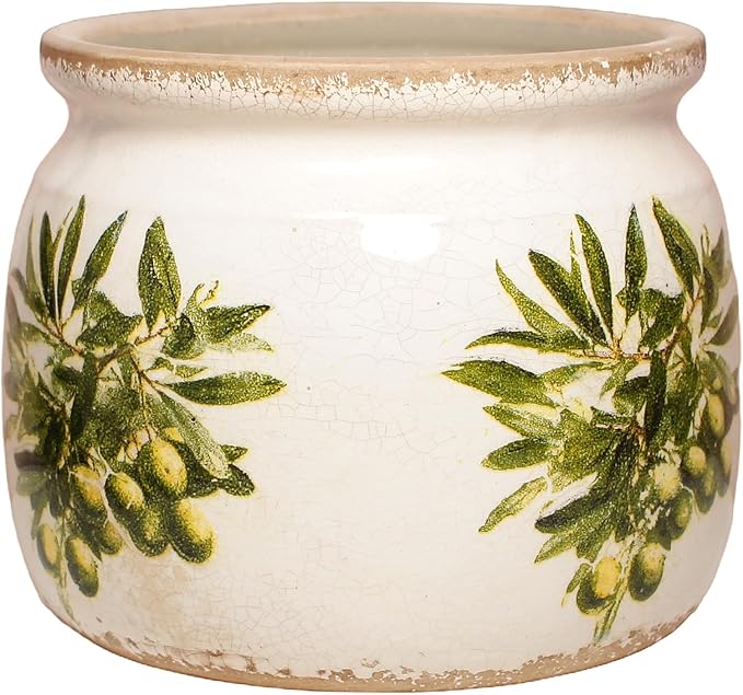 Mediterranean Ceramic Plant Pots with Olives Branches Pattern, 6 Inch Tuscan Planter for Indoor Plants, Rustic Farmhouse Home Kitchen Decor, Tuscan Vase for Centerpiece, Olive Green