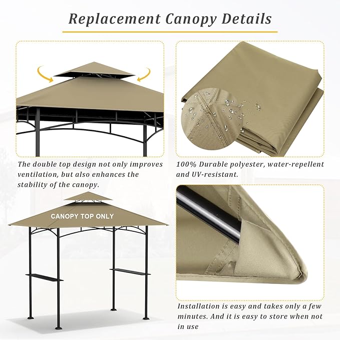 Grill Gazebo Replacement Canopy Top - AONEAR 5'x8' Outdoor BBQ Tent Roof Cover Double Tiered Outdoor Grill Shelter Fit for Model L-GG001PST-F (Khaki)