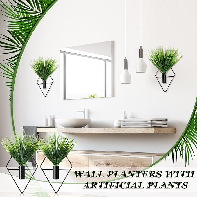 4 Pcs Wall Decor Hanging Planters with Artificial Plants Metal Hanging Vase Indoor Plants Holder Modern Boho Wall Art for Bathroom Bedroom Living Room Decor(Black,Aquatic Plant)
