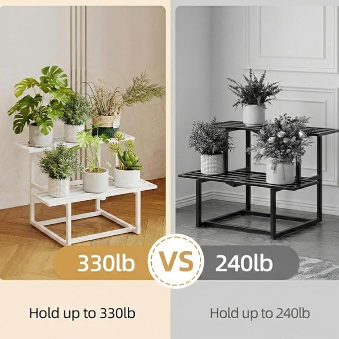 Metal Plant Stand Indoor, Outdoor Iron Plant Shelf, Heavy Duty Slatted Display Shelf for Patio Balcony Garden Living Room Load Bearing 330 LB 26" L x 20.2" H x 17.7" W 2 Tier White