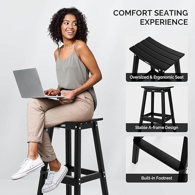 VINGLI 29" Outdoor Bar Stools Set of 2, HDPE Poly Lumber Bar Chairs with Footrest, Weather Resistant Patio Barstools for Bar, Kitchen Counter, Yard (Black, 29 Inch 2 PC)