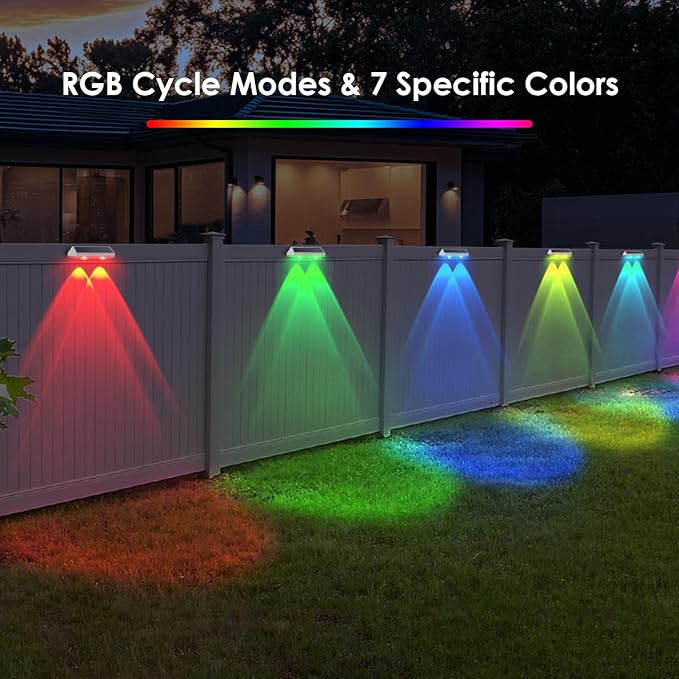 8 Pack Solar Fence Lights Outdoor - Warm White & RGB 6 Color, Dusk to Dawn Deck Light, Solar Powered Light Outdoor IP65 Waterproof, Solar Garden Lights for Outside/Backyard/Railing/Step/Patio/Wall
