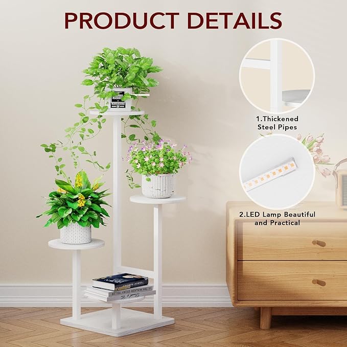 Plant Stand Indoor with Grow Light, 4-Tiered Tall Plant Stand Indoor, Metal Plant Shelf with Adjustable Light, Ideal for Living Room, Garden, Patio white