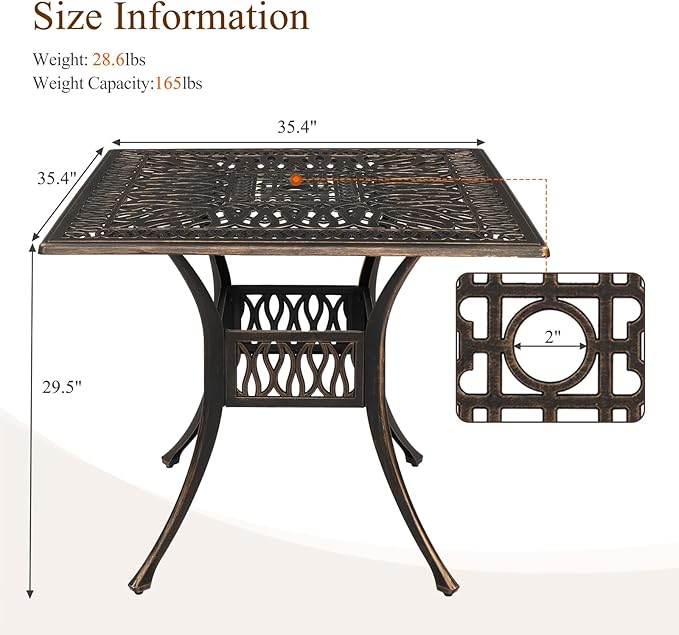 VINGLI Patio Dining Table with Umbrella Hole, Cast Aluminum Outdoor Bistro Furniture for Garden (35.4" Lx35.4 Wx29.5 H)