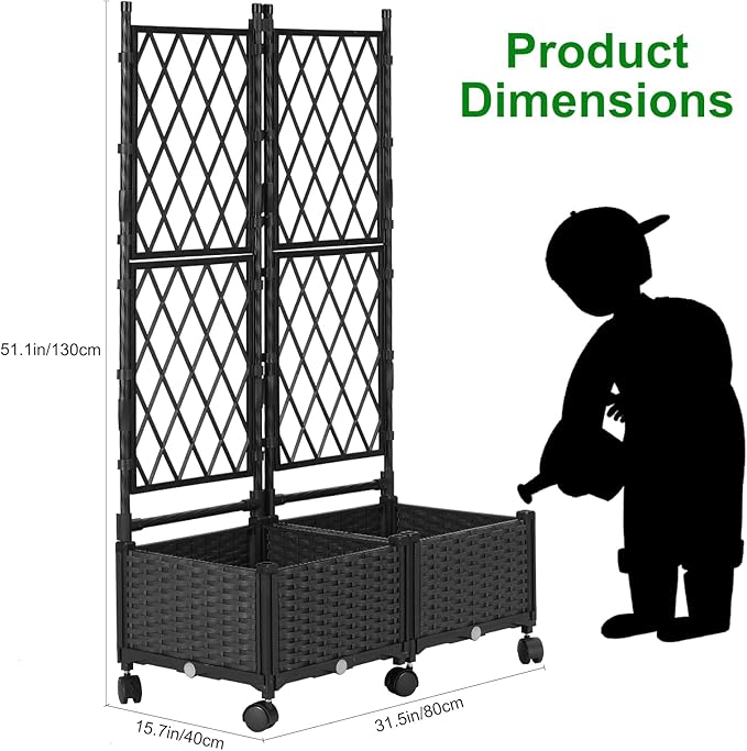 Raised Garden Beds with Screen Outdoor, Garden Trellis for Climbing Plants Indoor, Raised Privacy Planter Box with Trellis for Balcony Backyard Patio, Black, 2 Pcs