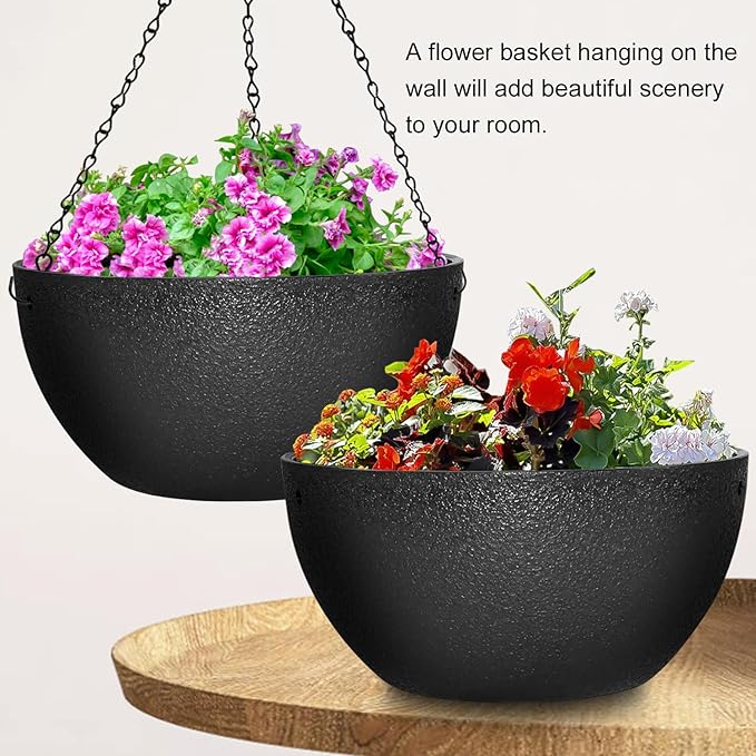 Enenes 13 Inch Large Hanging Planters 2 Pack, Plastic Plant Pots with Drainage Holes and Chains for Indoor or Outdoor Garden, Patio, Large Hanging Baskets