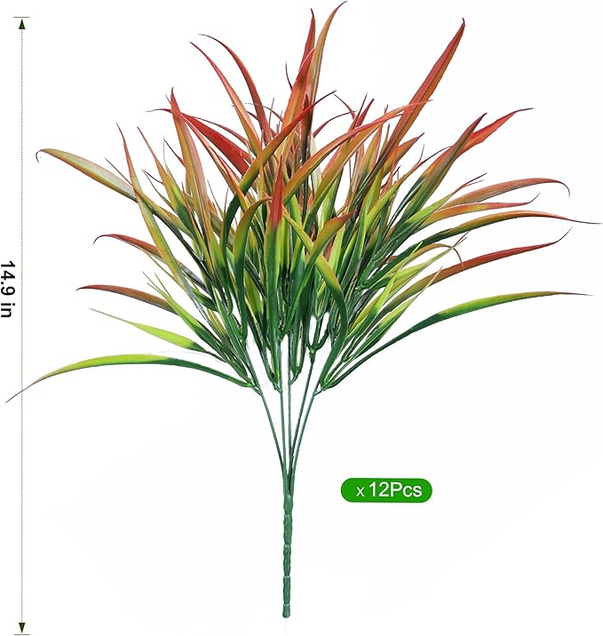 Ivydale 12Pcs Fake Plants Outdoor Artificial Plastic Grass Spring Decoration UV Resistant Faux Greenery Stems Bushes Outside Fake Plants for Planters Patio Porch Window Box Pathway Garden Home Decor