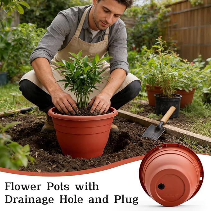 3 Pack 11 Inch Plant Pots with Drainage,Terracotta Plastic Planters for Indoor Outdoor Plants,Hanging Flower Pots for Patio,Garden,Balcony (Pottery Red)