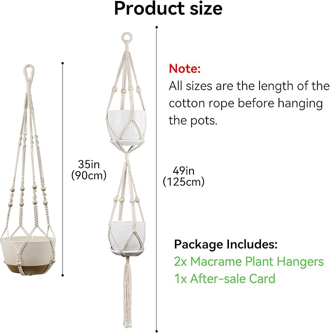 USLAI Macrame Plant Hanger Indoor Outdoor, Fits 4 to 15 Inch Pots, Strong Hanging Planter Holder, Boho Home Decor, 49+35 Inch, Ivory (POTS NOT Included)