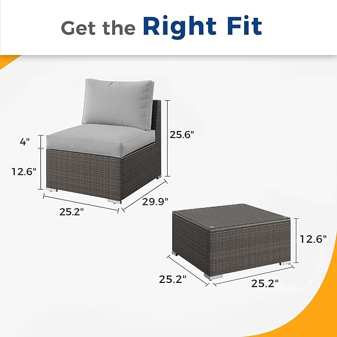 Wisteria Lane 2 Pieces Patio Furniture Sets, Outdoor Sectional Furniture with Armless Sofa, Tempered Glass Table and Cushion, Patio Conversation Sets for Garden Backyard, Grey
