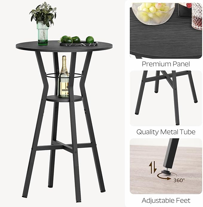 Bar Table, 2-Tier Round High Top Table, Pub Table, Home Bar Counter Height, Bistro Tables, for Kitchen, Living Room, Meeting Room, Pub, Black BT03BB