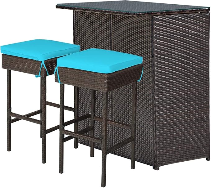 Tangkula Patio Bar Set, 3 Piece Outdoor Rattan Wicker Bar Set with 2 Cushions Stools & Glass Top Table, Outdoor Furniture Set for Patios Backyards Porches Gardens Poolside (Turquoise)
