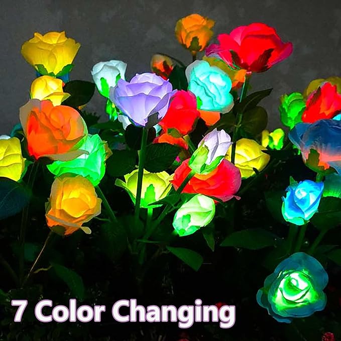 Mothers Day Gifts Solar Garden Decor Outdoor Lights, 4 Pack Waterproof Garden Lights for Outside, 16 Solar Rose, Multi-Color Changing Solar Flower Decor for Yard, Patio, Gifts for Women (7-Color Rose)