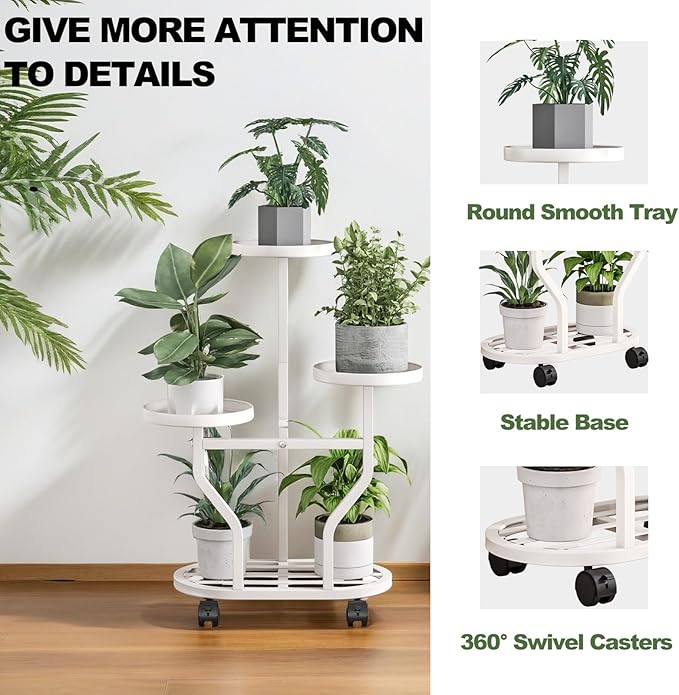 Plant Stand with Wheels 3 Tier Metal Plant Holder Corner Flower Shelf for Multiple Plants Display Rack for Bedroom Living Room Balcony Garden White (White, 3 Tier)