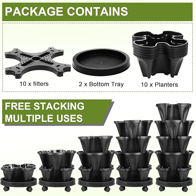 Umigy 2 Set 5 Tier Stackable Planters Vertical Garden Planters for Strawberry Herb Flower and Vegetable Indoor Outdoor Gardening Pots with Removable Wheels and Bottom(Black)