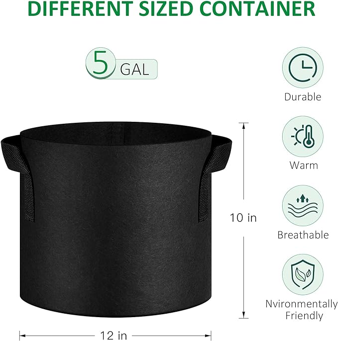 12-Pack 5 Gallon Thickened Non-Woven Grow Bags, Aeration Fabric Pots with Handles