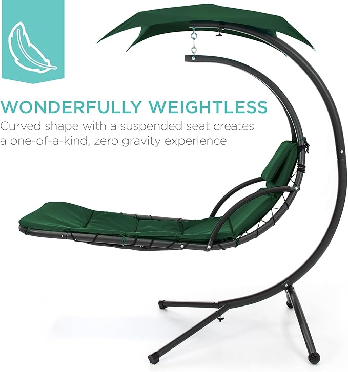 Best Choice Products Outdoor Hanging Curved Steel Chaise Lounge Chair Swing w/Built-in Pillow and Removable Canopy - Green