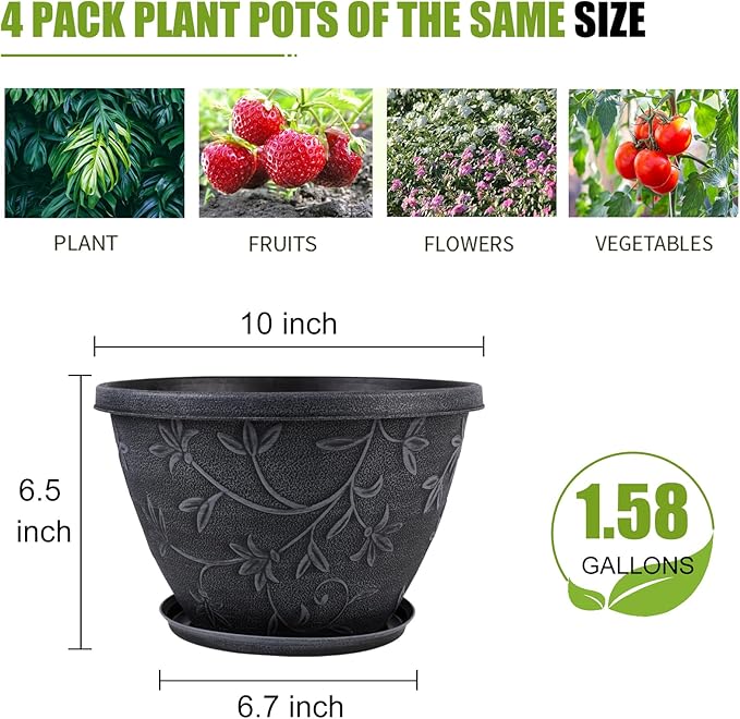 4 Pack 10 Inch Plant Pot for Outdoor Indoor, Plastic Flower Pots with Drainage Hole & Saucer, Lightweight Small Resin Flower Pot, Imitation Magnolia Planter Pots for Garden House（Gray）