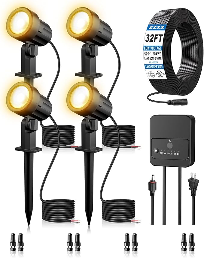 ZZXX All-in-One LED Landscape Lighting Kit, 4-Pack Low Voltage Landscape Lights with Transformer 32FT Wire and Connectors, 2700K Waterproof Outside Spotlights for Yard Garden Tree Pathway House