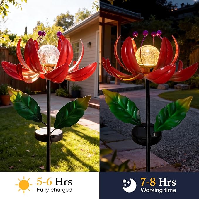 Solar Lights Outdoor Wind Spinners, Metal Lotus Flower Garden Decor with Waterproof LED Crackle Glass Globe for Patio Lawn Yard Outdoor Decor