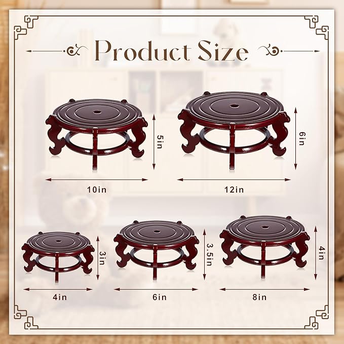 Geetery 2 Pcs 4 to 12 in Wooden Plant Stands Indoor Chinese Oriental Plant Stand for Vase Fishbowl Flower Pot Lamp Redwood Base Vintage Display Rack Decor(12 Inch)