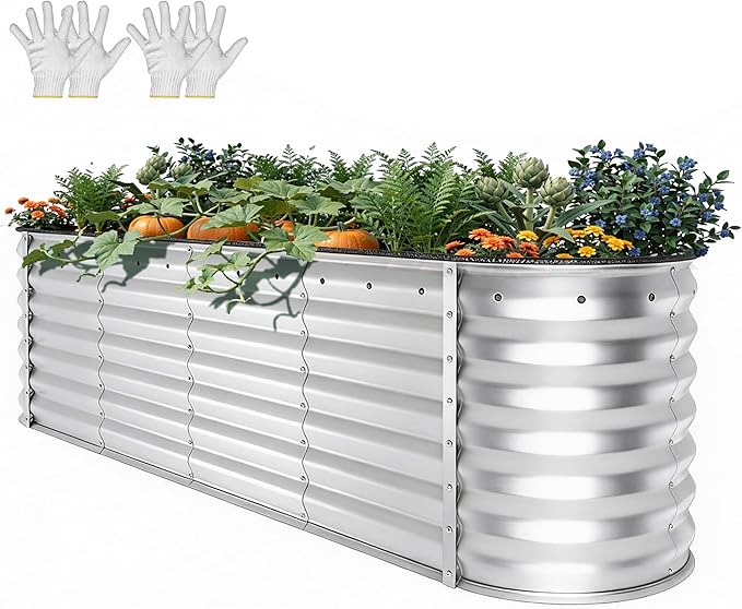 YITAHOME 24" Tall 9 in 1 Large Raised Garden Bed Kit, 8x2x2ft Galvanized Metal Planter Box with Gloves and Safety Rubber, Outdoor Above Ground Planters for Plants Vegetables Flowers, Silver