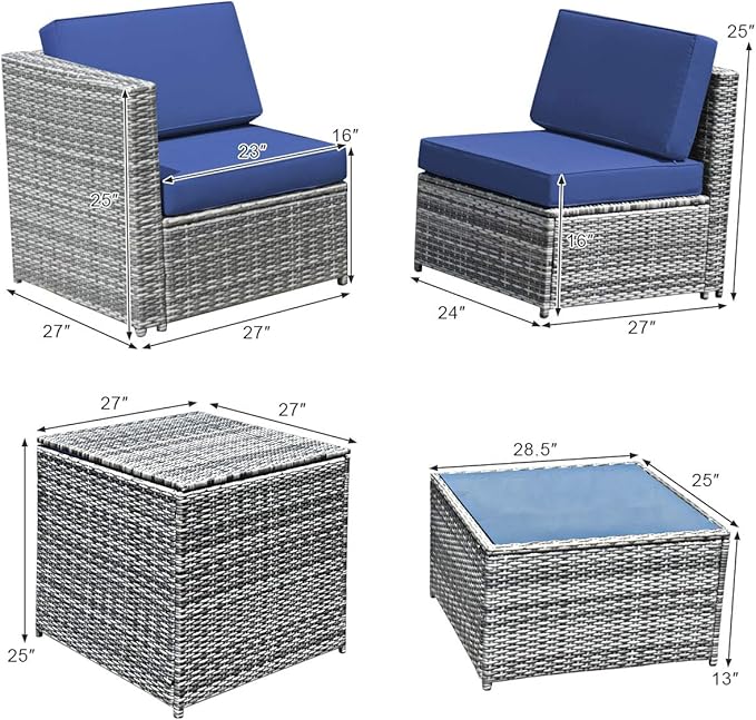 Tangkula 8 Pieces Wicker Patio Furniture Set with Storage Deck Box, PE Rattan Outdoor Sectional Sofa Conversation Set with Coffee Table & Cushions, Outside Furniture for Garden Yard Poolside (Navy)
