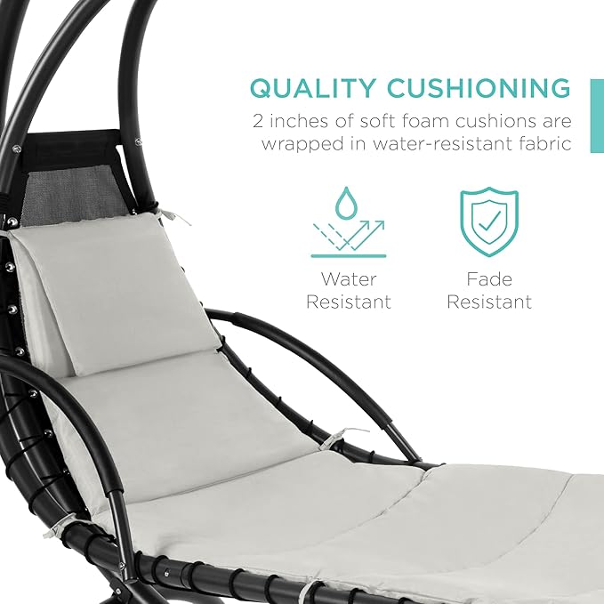 Best Choice Products Outdoor Hanging Curved Steel Chaise Lounge Chair Swing w/Built-in Pillow and Removable Canopy - White Sand