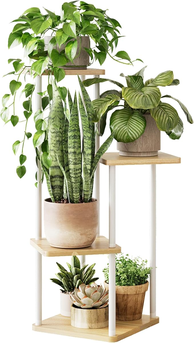 Tall Plant Stand Indoor 4 Tiered Plant Shelf for Multiple Plants Coner Shelf Stand Wood Plant Stand Metal Shelving for Living Room Bedroom Balcony Patio White