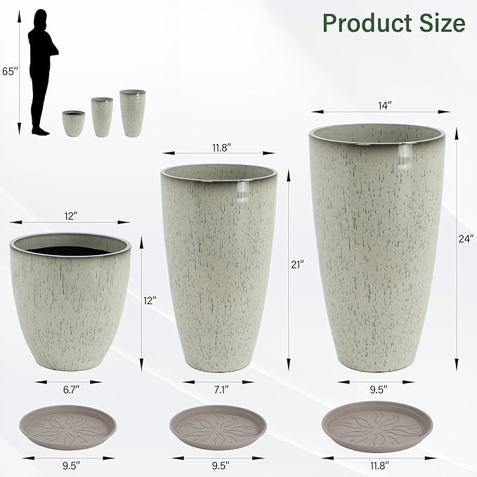 24/21/12 Inch Large Plastic Planter, Lightweight Ceramic-Look Tall Planters with Drain Hole & Saucers, Tall Plastic Planters for Porch, Garden, Patio, Balcony(Glaze Beige)