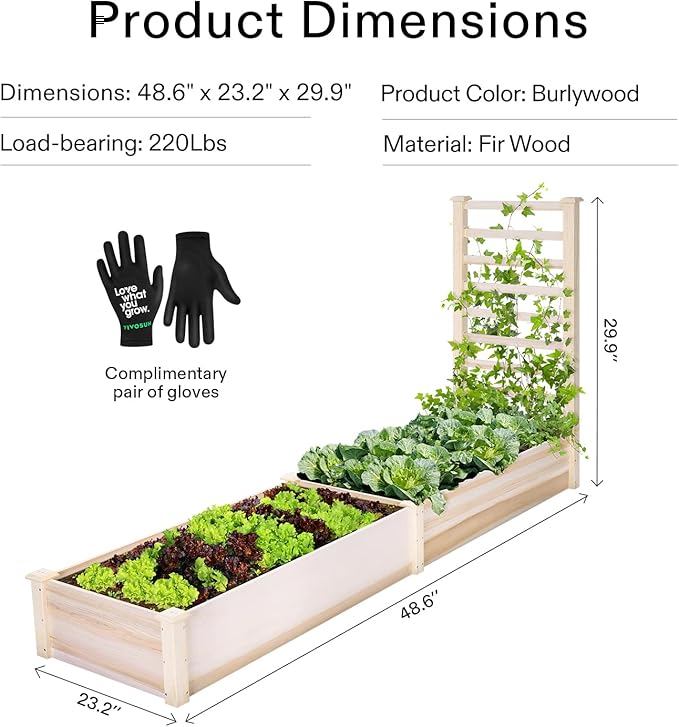 VIVOSUN Wooden Raised Garden Bed, 48 x 24 x 30 Inches, Outdoor Wood Planter Box with Gloves and a Liner, with Trellis for Vine Climbing for Garden, Patio, Balcony, Backyard and Outdoors (Pack of 2)