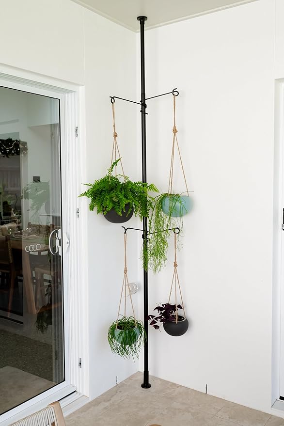 Tension Rod Plant Stand, Plant Poles for Hanging Plants Indoor, Metal Floor to Ceiling Hanging Plants Stand, Tension Pole Plant Stand with 6 Hooks (Fit 3.6-10ft)