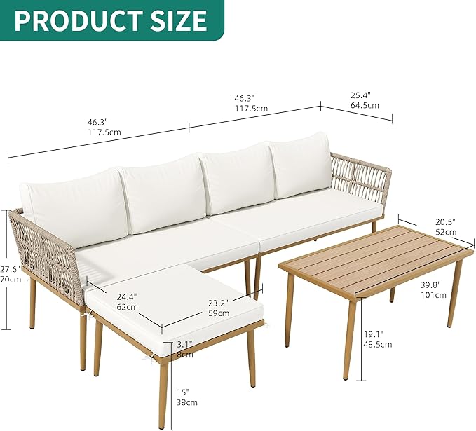 YITAHOME Patio Furniture Set, 6 Pieces Outdoor Rattan Woven Sectional Sofa Patio Loveseat with Ottoman and and Side Table, Conversation Set for Backyard, Porch, Boho - Beige